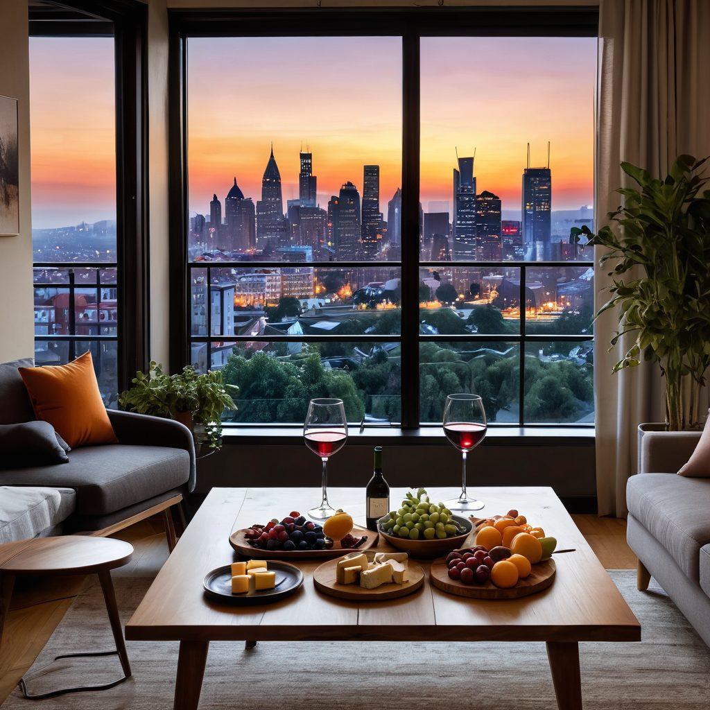 A cozy, stylish urban apartment living room with an elegant wooden table set for a wine tasting, featuring various wine glasses filled with different types of wine, decorated with vibrant cheese platters and fresh fruits, a window showcasing a city skyline at sunset. warm, inviting atmosphere with soft lighting. minimalistic decor with houseplants and bookshelves. super-realistic. vibrant colors.
