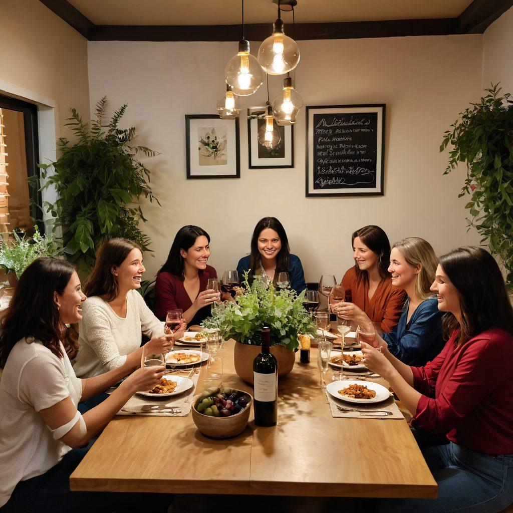 A cozy co-living space filled with diverse people sharing a joyful moment over a beautiful spread of wine bottles and glasses, surrounded by plants and warm lighting. A large table should dominate the scene, showcasing a variety of wine types from reds to whites, gourmet snacks, and laughter. Include a chalkboard in the background with wine tasting notes and suggestions. The atmosphere is inviting, relaxed, and inclusive. super-realistic. warm colors. cozy ambiance.