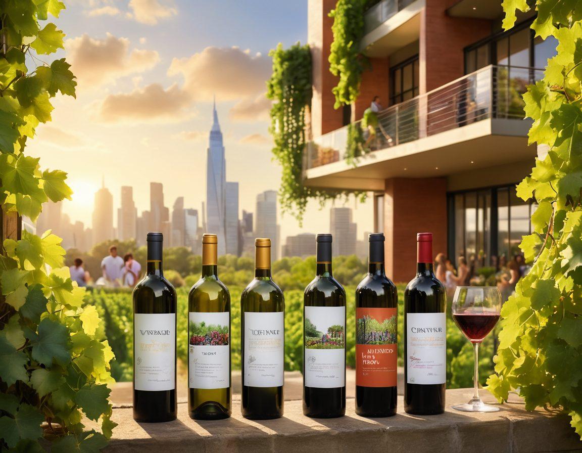 A vibrant urban vineyard scene featuring a diverse group of friends selecting wine bottles amidst a backdrop of modern architecture and lush greenery. Include various wine labels prominently displayed, and showcase an inviting, warm atmosphere with people laughing and sharing stories. Emphasize the concept of urban living blended with wine culture. super-realistic. vibrant colors. dynamic composition.